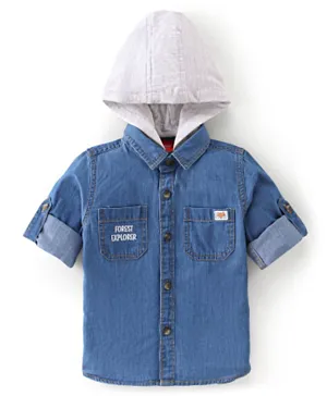 Babyhug 100% Cotton Woven Full Sleeves Hooded Shirt With Text Embroidery - Blue