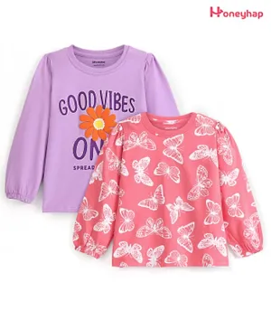 Honeyhap Premium Cotton Knit Full Sleeves Floral & Butterfly Printed T-Shirts Pack of 2 - Orchid Lavender & Carrot
