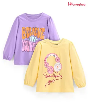 Honeyhap Premium Cotton Knit Full Sleeves Text & Headphone Printed T-Shirts Pack of 2 - Violet Tulip & Peach Parfait