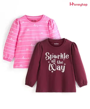Honeyhap Premium Cotton Knit Full Sleeves Striped & Text Printed T-Shirts Pack of 2 - Pink Carnation & Red Plum