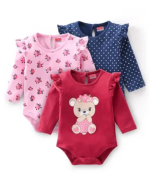 Babyhug 3 Pack 100% Cotton Full Sleeves Bear Print Onesies - Multicolor