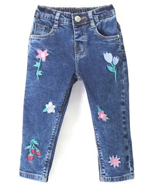 Babyhug Denim Washed Full Length Stretchable Jeans With Floral Embroidery - Blue