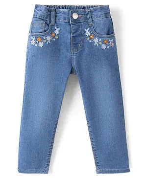 Babyhug Cotton Full Length Jeans With Stretch & Floral Embroidery - Blue
