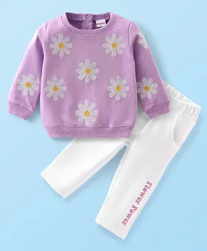 Babyhug Terry Cotton Knit Full Sleeves Floral Printed T-Shirt & Lounge Pants Set - Purple & White