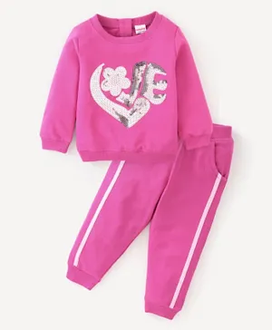 Babyhug Cotton Knit Full Sleeves Sweat Jacket & Lounge Pants Set Minnie Print - Pink