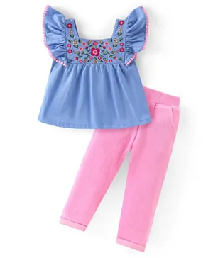 Babyhug 100% Cotton Knit Full Sleeves With Top & Leggings Floral Embroidery - Purple & Pink