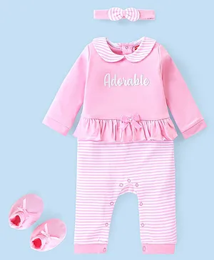 Babyhug 100% Cotton Knit Full Sleeves Striped & Text Graphics Romper with Booties & Headband - Pink