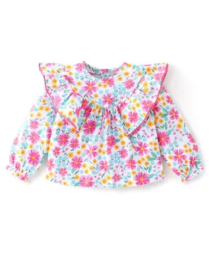 Babyhug Cotton Knit Full Sleeves Floral Printed & Frill Detailing Top - Off White
