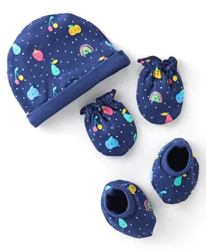 Babyhug 100% Cotton Interlock Knit Cap Mitten And Booties Set Fruits Design - Navy Blue
