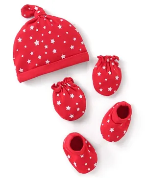 Babyhug 100% Cotton Knit Cap Mittens & Booties Set Star Print - Red