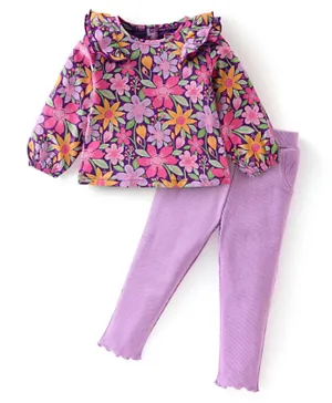 Babyhug 100% Cotton Knit Full Sleeves Top & Leggings With Floral Print - Purple