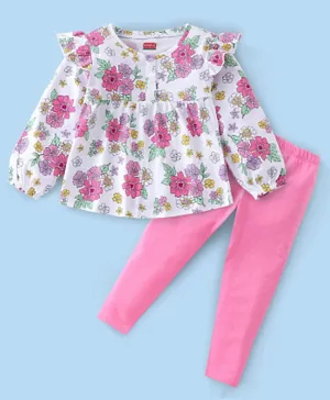 Babyhug 100% Cotton Knit Full Sleeves Top & Legging Set Floral Print - White & Pink