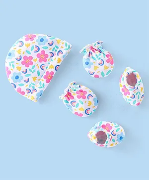 Babyhug 100% Cotton Cap Knit Mittens and Booties With Floral Print - White