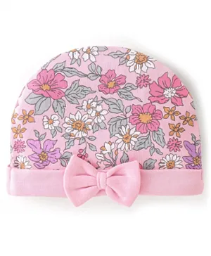 Babyhug 100% Cotton Knit Cap Floral Printed With Bow Applique - Pink