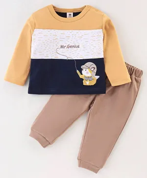 ToffyHouse Full Sleeves T-Shirt & Lounge Pants With Animal Embroidery - Gold