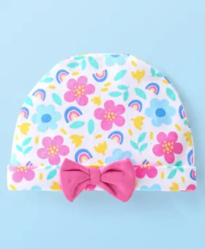 Babyhug 100% Cotton Knit Cap With Floral Design & Bow - Multicolour