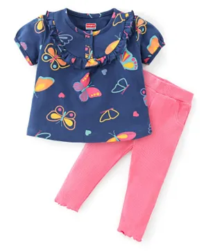 Babyhug 100% Cotton Knit Half Sleeves Butterfly Print Top with Frill Detailing & Leggings Set - Multicolour