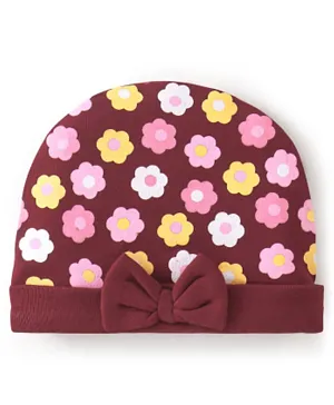Babyhug 100% Cotton Knit Cap Floral Printed With Bow Applique - Red