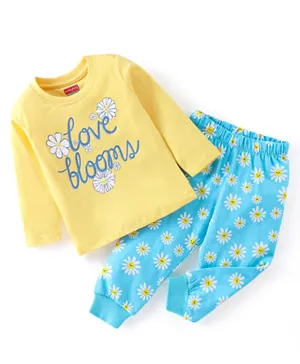 Babyhug Cotton Knit Full Sleeves Night Suit With Floral & Text Print - Yellow & Blue