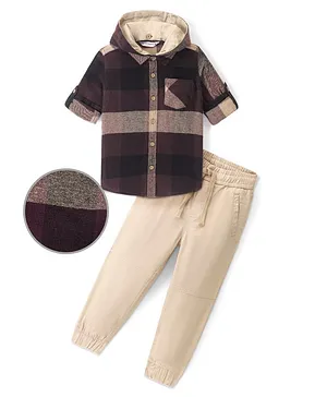 Ollington St. 100% Cotton Full Sleeves Hooded Woven Check Shirt & Joggers Set - Brown & Beige