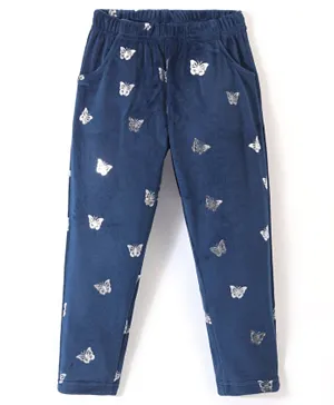 Babyhug Fleece Full Length Woollen Pant Butterfly Print - Navy Blue