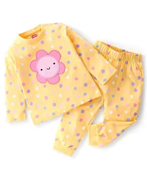 Babyhug Cotton Knit Full Sleeves Night Suit with Polka Dots Printed - Yellow