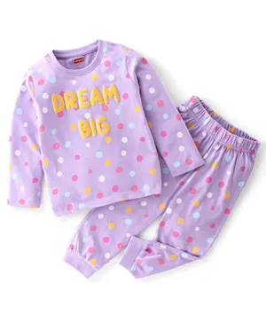 Babyhug Cotton Knit Full Sleeves Night Suit with Text  & Polka Dots Printed - Lavender