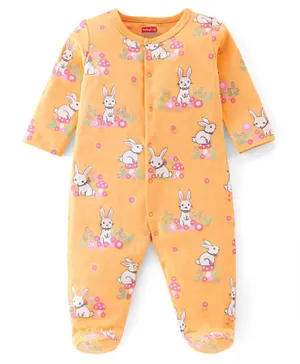 Babyhug Cotton Knit Full Sleeves Footed Sleep Suit Bunny Print - Orange