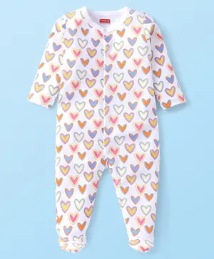 Babyhug Cotton Knit Full Sleeves Footed Sleep Suit Heart Print - White