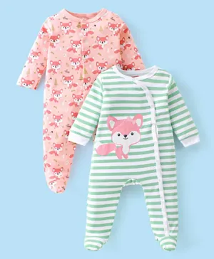 Babyhug Cotton Knit Full Sleeve Sleepsuit with Fox Print Pack of 2 - Pink & Green