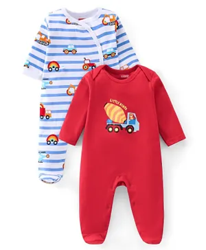 Babyhug Cotton Interlock Knit Full Sleeve Sleepsuit Stripes & Construction Vehicle Print Pack of 2 - Multicolor