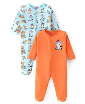 Babyhug Interlock Cotton Knit Full Sleeves Footed Sleepsuits Racoon Printed Pack of 2 - Orange & Mint Blue