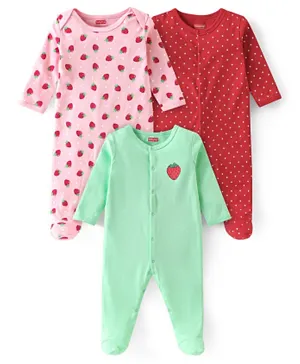 Babyhug Cotton Knit Full Sleeves Polka Dot & Strawberry Printed Sleep Suits Pack of 3 - Multicolor