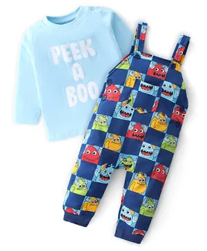 Babyhug 100% Cotton Monster Printed Dungaree With Inner Tee  - Multicolor