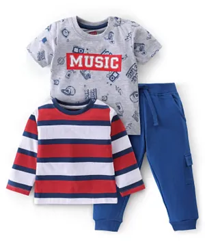 Babyhug 100% Cotton Knit Full Sleeves T-Shirt & Lounge Pants With Text Print - Grey Red & Blue
