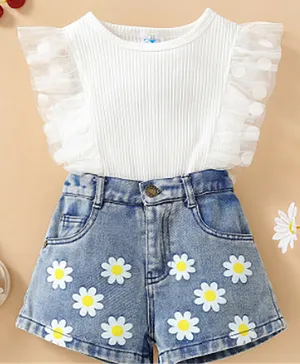SAPS Cut Work Top & Denim Shorts - White