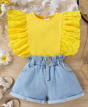 SAPS Cut Work Top & Denim Shorts - Yellow