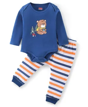 Babyhug 100% Cotton Full Sleeves Onesie with Lounge Pants Bear Print - Blue