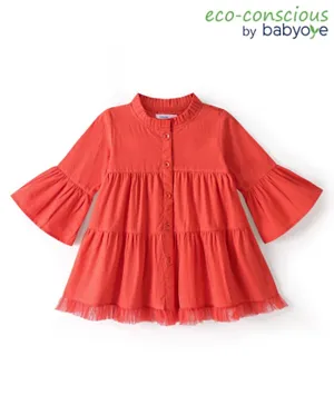 Babyoye Cotton Poplin Full Sleeves  Lace Border Tiered Frock - Red