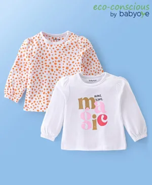 Babyoye 2 Pack Eco Conscious Cotton Knit Full Sleeves Magic Text & Dots Printed Tops - White & Orange