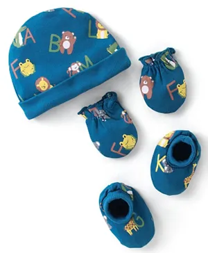 Babyhug 100% Cotton Knit Cap Mittens & Booties Set Lion Print - Blue