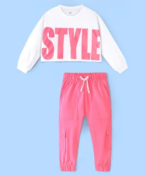 Ollington St. 100% Cotton Winter Wear Set of Cropped Sweatshirt & Joggers Set with Text Print - White & Pink