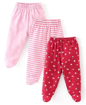 Babyhug 3 Pack Cotton Interlock Knit Full Length Stripe Bootie Pants - Pink & Red