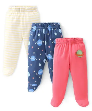 Babyhug Cotton Knit Solid Colour & Planets Printed Bootie Pants Pack of 3 - Multicolour