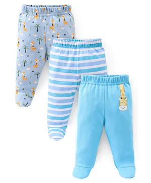 Babyhug Cotton Knit Striped & Giraffe Printed Bootie Pants Pack of 3 - Blue