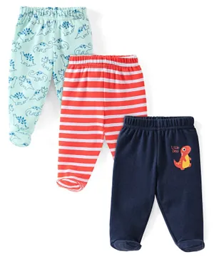 Babyhug Cotton Knit Dino Print Footed Pants Pack of 3 - Blue & Red