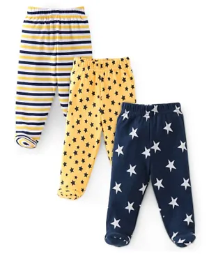 Babyhug 3 Pack Cotton Knit Striped & Stars Printed Bootie Leggings - Blue & Yellow