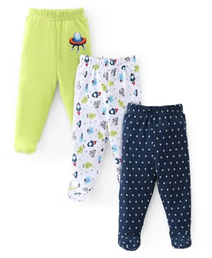 Babyhug 3 Pack Cotton Knit Space Ships & Stars Printed Bootie Pants - Multicolour
