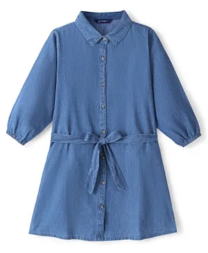 Pine Kids Cotton Woven Full Sleeve Dress With Self Fabric Belt - Blue