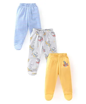 Babyhug 3 Pack Cotton Knit Striped & Bear Printed Bootie Pants - Multicolour